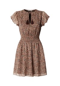 Kratek rjav vzorčast kroj z rahlo ekspandirajočimi rokavi, izrezom v obliki ključavnice s cofki in elastičnim pasom.