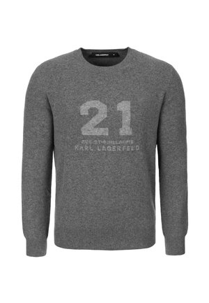 Maglione girocollo grigio con le scritte "21" e "Karl Lagerfeld" stampate in modo discreto sul davanti, caratterizzato da maniche lunghe e polsini a coste.
