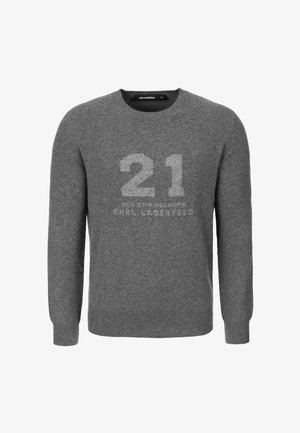 Grijze crewneck trui met subtiel bedrukt "21" en "Karl Lagerfeld" tekst op de voorkant, voorzien van lange mouwen en geribbelde manchetten.
