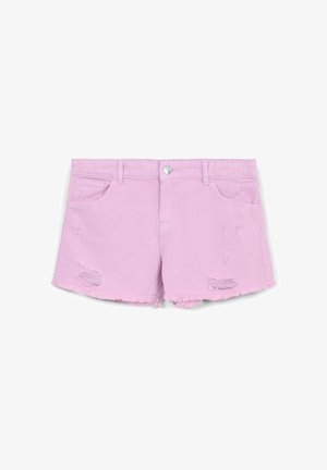 Różowe szorty dżinsowe z przetarciami, postrzępionym dołem, pięcioma kieszeniami oraz srebrnym zapięciem na guzik w pasie.