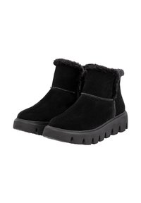 Botas negras hasta el tobillo con una parte superior de ante suave, forro de piel sintética, cuello acolchado, cremalleras laterales y una suela de tracción gruesa.