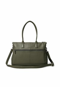 Roheline nahast kott kahe käepidemega, reguleeritava õlarihmaga ja esise zipper taskuga. Sile tekstuur ja minimalistlik disain.