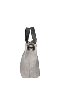 Borsa a tracolla tessuta grigia con cinturini in pelle nera e dettagli in metallo. Il design è compatto con una finitura testurizzata unica.