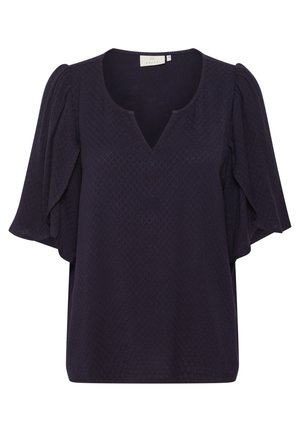 Blusa blu navy con scollatura a V, maniche corte svasate e motivo diamantato texturizzato. Vestibilità comoda per un facile movimento.