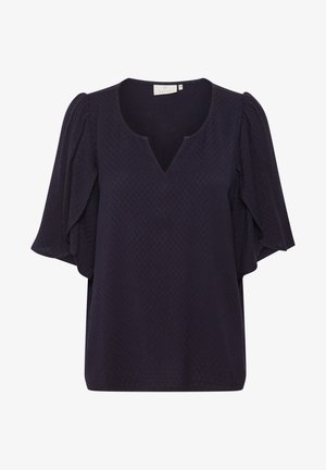 Donkerblauwe blouse met een V-hals, korte uitlopende mouwen en een gestructureerd ruitpatroon over de hele blouse. Relaxte pasvorm voor comfort en bewegingsvrijheid.
