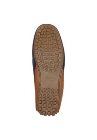 Braune Wildledersohle mit strukturiertem Gummigrip-Muster. Verfügt über einen kontrastierenden tanfarbenen Lederakzent an der Seite mit eingeprägtem Markenlogo.