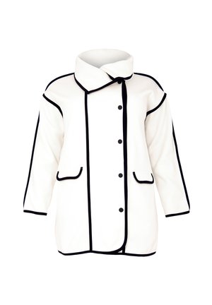 Witte fleecejas met zwarte piping, oversized kraag, knoopsluiting en twee voorzakken. Lange mouwen en een relaxed fit.