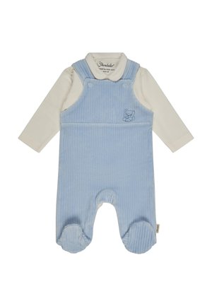 Hellblauer Cord-Latzhose mit weißem Langarmshirt. Verziert mit Bärenstickerei, Druckknöpfen und Fußteil. Größe 56.