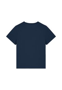 Navyblaue Baumwoll-T-Shirt mit kurzen Ärmeln und rundem Ausschnitt. Glatte Textur, schlichtes Design, keine Muster oder Verzierungen.
