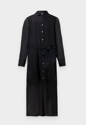 Zwarte blousejurk met lange mouwen, knopen, kraag en strik aan de taille, midi-lengte, gemaakt van lichtgewicht halfdoorzachte stof.