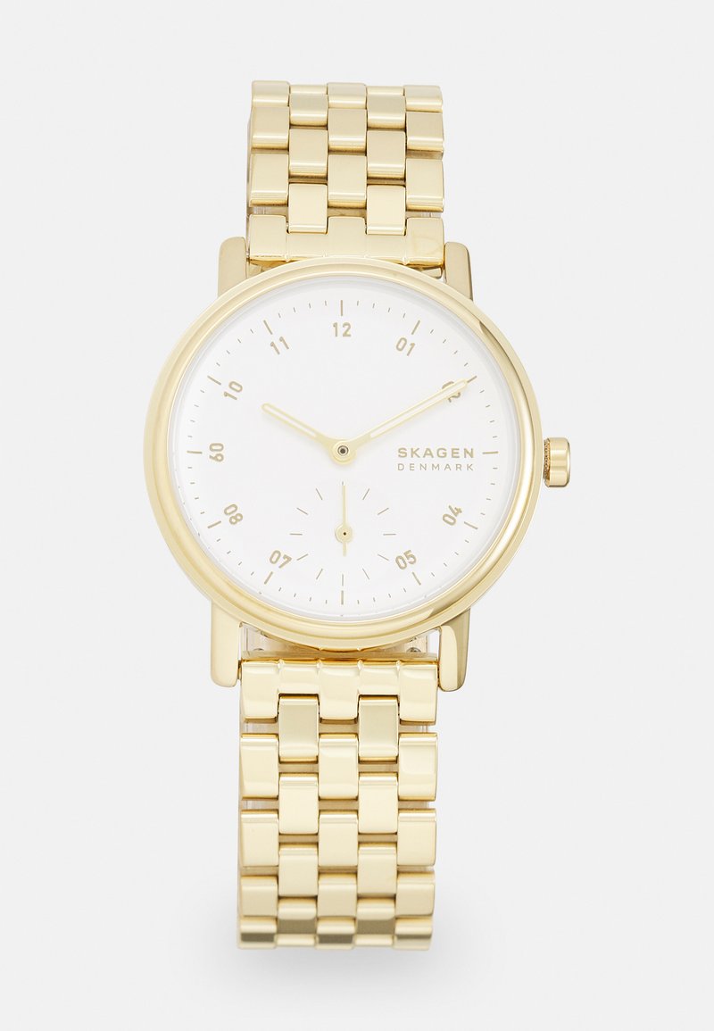 Zlatý SKAGEN hodinky s kulatým bílým ciferníkem, minimalistickými indexy a kovovým náramkem s leštěným povrchem.