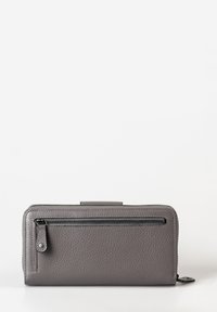 Grey leather wallet with pebbled texture, zippered outer pocket, and smooth stitching. Features a minimalist design and rectangular shape.
