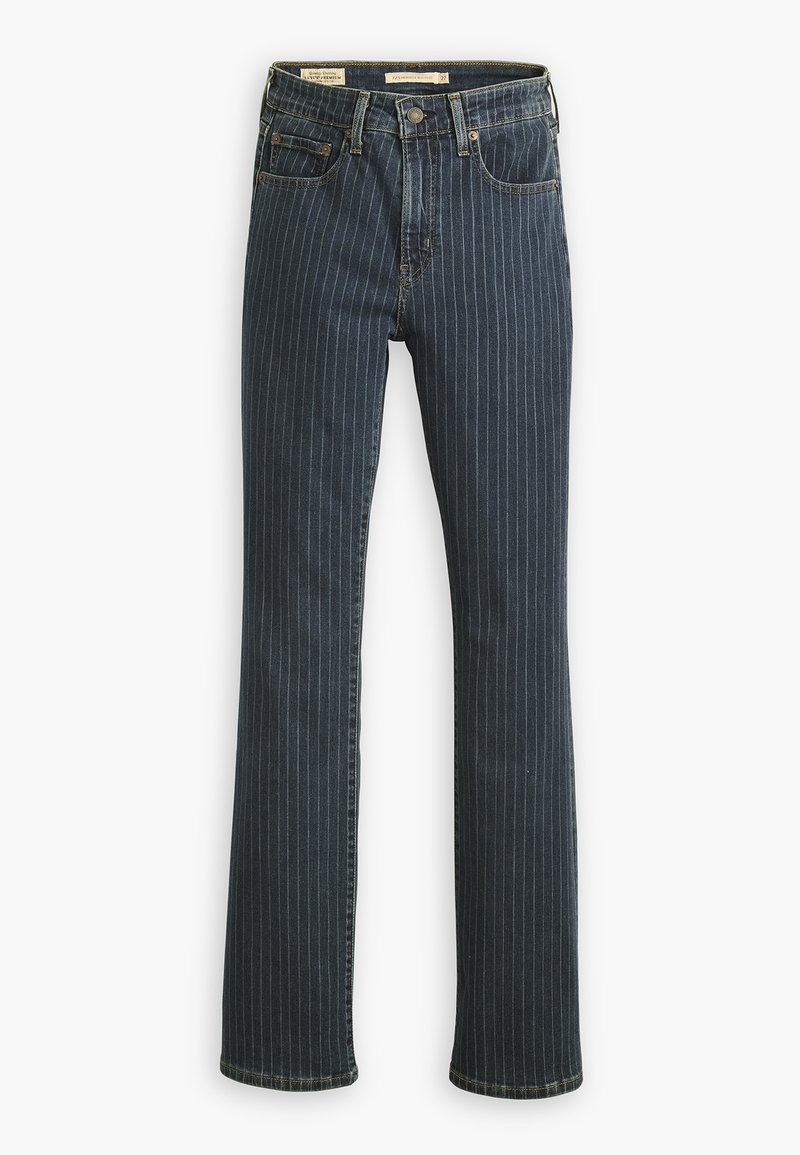 Jean en denim foncé avec des rayures verticales, présentant un design à jambe droite, un style cinq poches et des coutures contrastées le long des coutures.