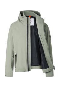 Light gray hooded jacket with front zipper partially open, black mesh inner lining, zippered side pocket, and adjustable cuffs.