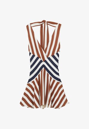 Mouwloze jurk tot op de knie met diagonale strepen in bruin, wit en marineblauw, V-hals en uitlopende rok, voorzien van een halterneck strik.