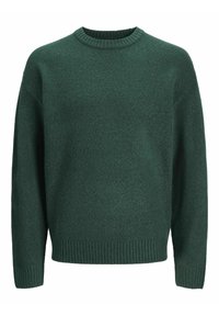 Grüner Strickpullover mit rundem Ausschnitt, weiten Ärmeln und gerippten Bündchen und Saum. Weiche Textur mit einem subtilen melierten Muster.