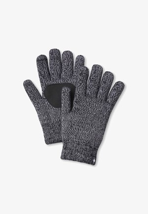 Dziane rękawice w odcieniach szaro-czarnych, z teksturowanym materiałem, pięciopalczastym krojem i gładką czarną łatą na dłoni dla lepszego uchwytu.