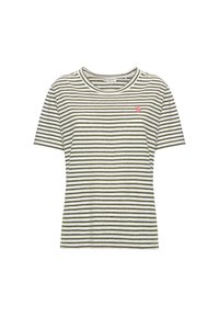 T-shirt a righe in verde oliva e bianco, con collo a giro e maniche corte, dotata di un piccolo dettaglio con logo rosa sul petto.
