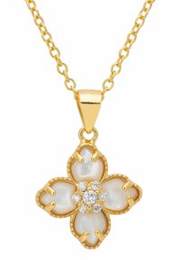 Kultakeltainen kaulakoru, jossa on kukkaketju ja neljä helmimäistä terälehteä sekä keskellä pieniä kirkkaita jalokiviä. Ketjusta koostuva malli.