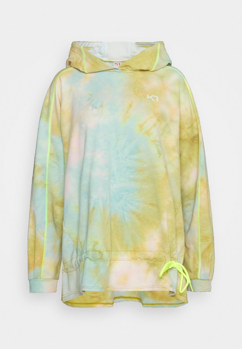 Lätt hoodie med ett flerfärgat tie-dye-mönster i pastellgul, blå och rosa. Har en dragstring och neongröna detaljer.