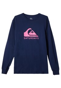 Navy long-sleeve t-shirt made of cotton, featuring a large pink wave logo and the word "SATURDAYS" below it. Smooth texture, regular fit.