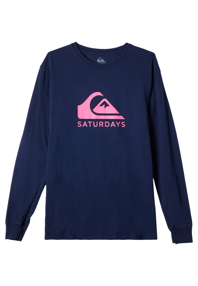 Navy long-sleeve t-shirt made of cotton, featuring a large pink wave logo and the word "SATURDAYS" below it. Smooth texture, regular fit.