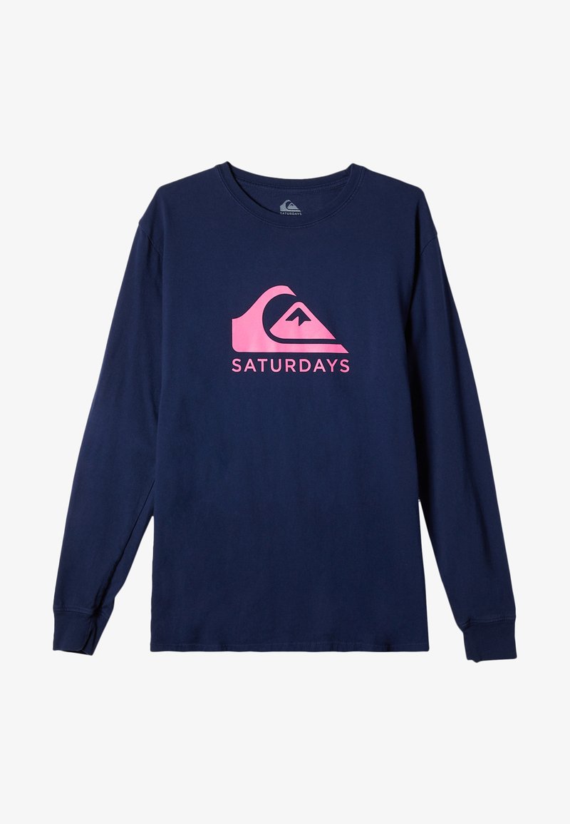 Navy long-sleeve t-shirt made of cotton, featuring a large pink wave logo and the word "SATURDAYS" below it. Smooth texture, regular fit.