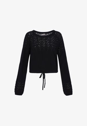 Sort kortstrikket sweater med lange ærmer, der har et blonde-design på skuldrene og manchetterne samt et bindebånd i taljen. Blød tekstur.