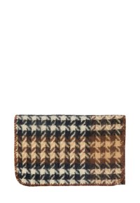 Složená deka z vlny s hněd�ým, černým a krémovým vzorem pepito, s prošitými okraji na bílém pozadí.