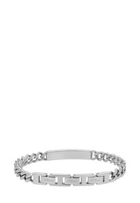 Pulsera de metal de color plateado con eslabones de cadena entrelazados y acentos rectangulares. El diseño presenta el nombre de la marca grabado en varios lugares.