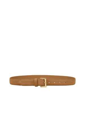 Tan suede belt with a smooth texture, featuring a gold metal buckle and five holes for size adjustment. Simple, unembellished design.