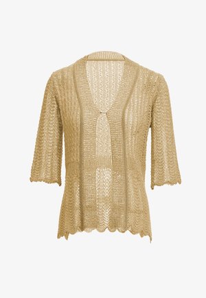 Světle zlatý, pletený cardigan s vlněným lemem, tříčtvrtečními rukávy a designem s otevřeným předním dílem. Disponuje texturovaným, vícevrstvým vzorem.