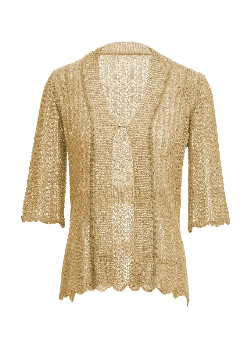 Cardigan in un delicato oro chiaro, lavorato a maglia, con orlo a onde, maniche a tre quarti e design aperto sul davanti. Presenta un motivo testurizzato a strati.