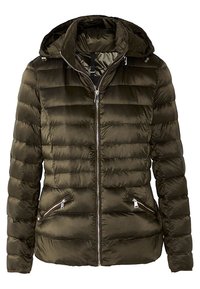 Veste matelassée vert foncé avec capuche, fermeture éclair à l'avant et deux poches latérales. Caractérisée par une texture matelassée et un matériau lisse et brillant.