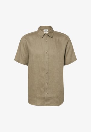 Short-sleeve, button-up shirt in light brown linen with a classic collar, displayed against a white background.