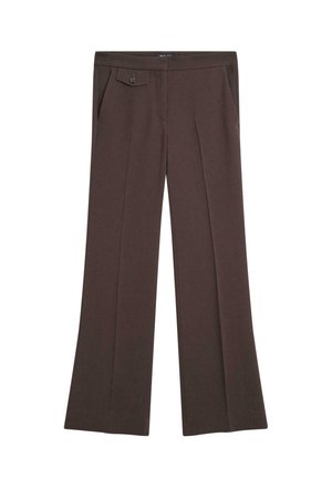 Bruine wijde broek met plooien aan de voorkant, een enkele knoopsluiting en een zijzak. Zachte stof met een gladde textuur.