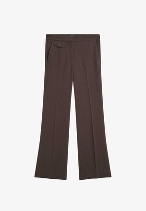 Bruine wijde broek met plooien aan de voorkant, een enkele knoopsluiting en een zijzak. Zachte stof met een gladde textuur.