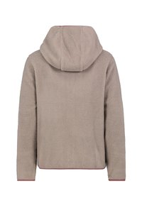 Beige fleece hoodie met een getextureerd oppervlak, elastische zoom en manchetten, en een capuchon met trekkoord. De binnenkant heeft een contrasterende kleurdetail.