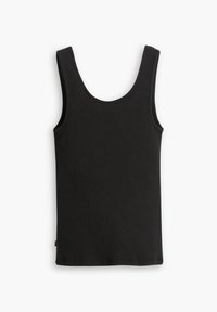 Débardeur noir sans manches en tissu côtelé avec un col arrondi et un ourlet droit. Comprend une petite étiquette logo en bas.