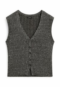 Gilet sans manches en maille côtelée gris foncé avec col en V et cinq boutons sur le devant, posé à plat sur fond blanc.