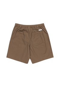 Brown shorts made from lightweight fabric featuring an elastic waistband, two back pockets, and a small label near the waistband.