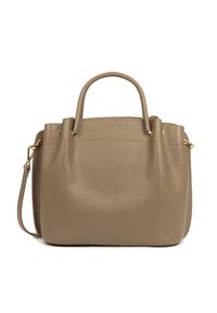 Sac à main en cuir taupe avec deux poignées arrondies, une bandoulière amovible et des garnitures en métal doré, présenté de face sur un fond blanc.