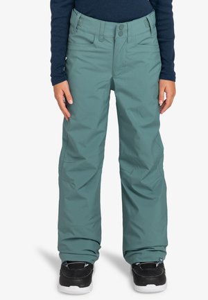 Pantalons de neige teal avec une coupe décontractée, fabriqués en matériau imperméable, dotés de deux poches avant, d'une fermeture à bouton et de poignets renforcés.