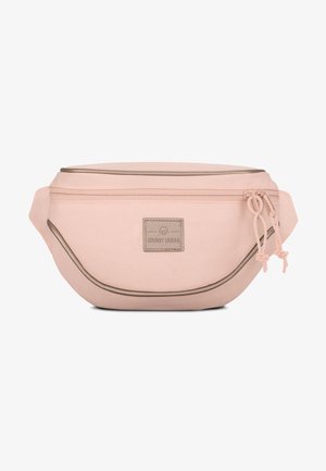 Marsupio in tessuto rosa con una superficie liscia, dotato di un'etichetta rettangolare, chiusura con zip e accenti di rifinitura in contrasto.