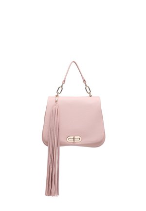 Borsa a mano in pelle rosa chiaro con manico superiore, grande dettaglio con nappina e chiusura a fibbia oro davanti.