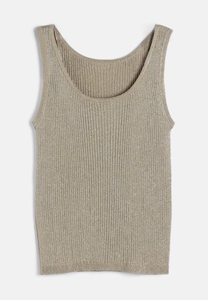 Mouwloze geribbelde gebreide tanktop in beige met een subtiele glans en een brede afgeronde halslijn.