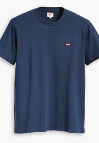 T-shirt bleu marine uni à manches courtes et col rond avec une petite étiquette rouge du logo Levi's sur la poitrine gauche.