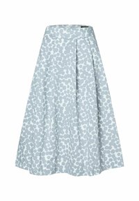 Vaaleansininen pliseerattu hame, jossa on teksturoitu pinta ja valkoinen abstrakti pilkkukuosi. Vyötäröllä vetoketjusuljenta takana.