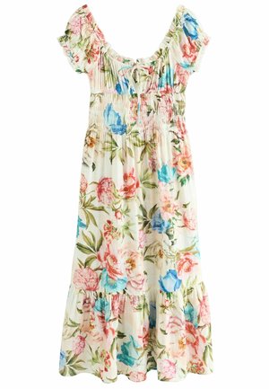 Sukienka w kwiaty z marszczonym korpusem, rękawami na ramiączkach z falbankami oraz warstwowym dołem w pastelowych kolorach z różowymi, niebieskimi i zielonymi kwiatami.