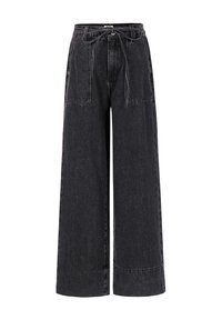 Hoge taille zwarte wijde jeans met grote frontale zakken en een dunne strikriem om de taille.